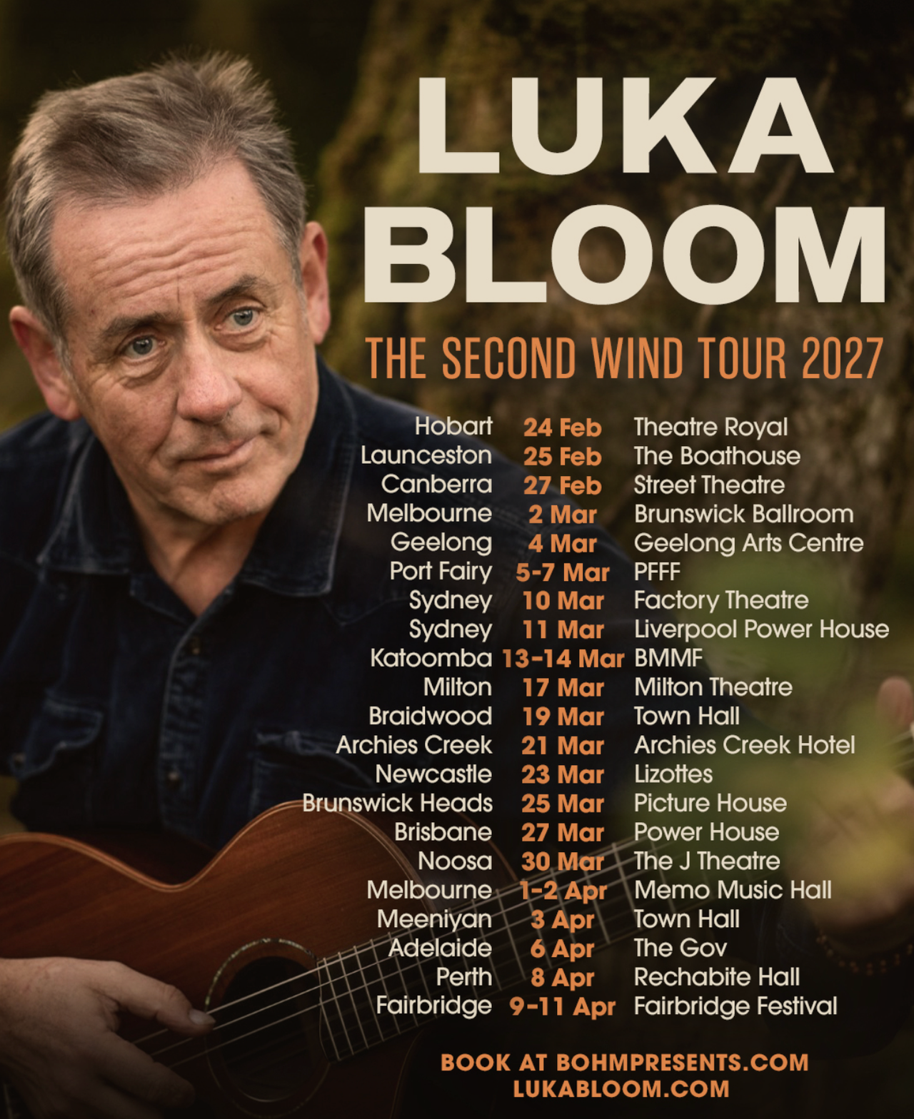 Luka Bloom The Second Wind Tour 2027 poster featuring the singer with an acoustic guitar listing Australian concert dates from February to April.